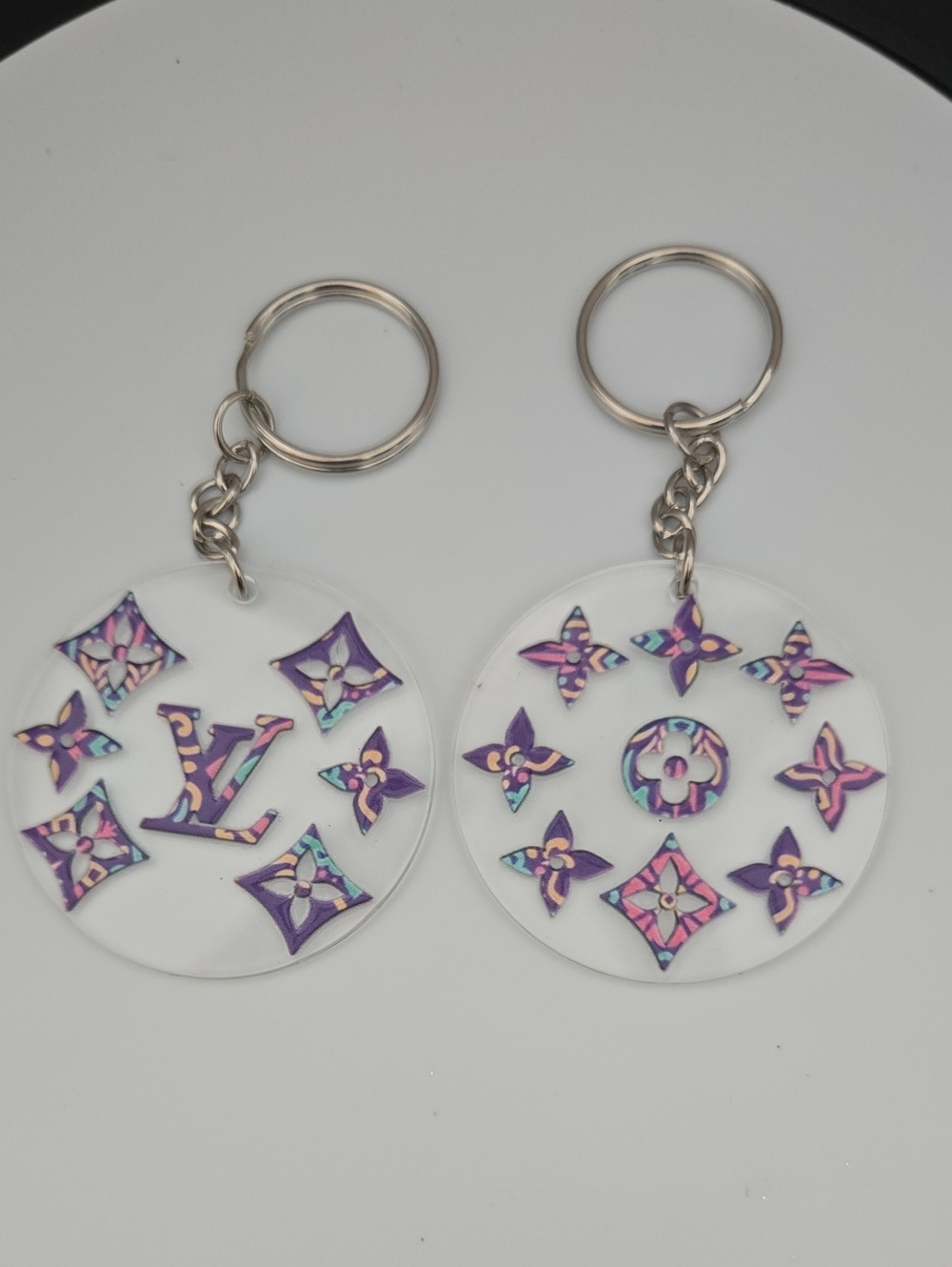 Purple Patterned Monogram Round Keychain Set